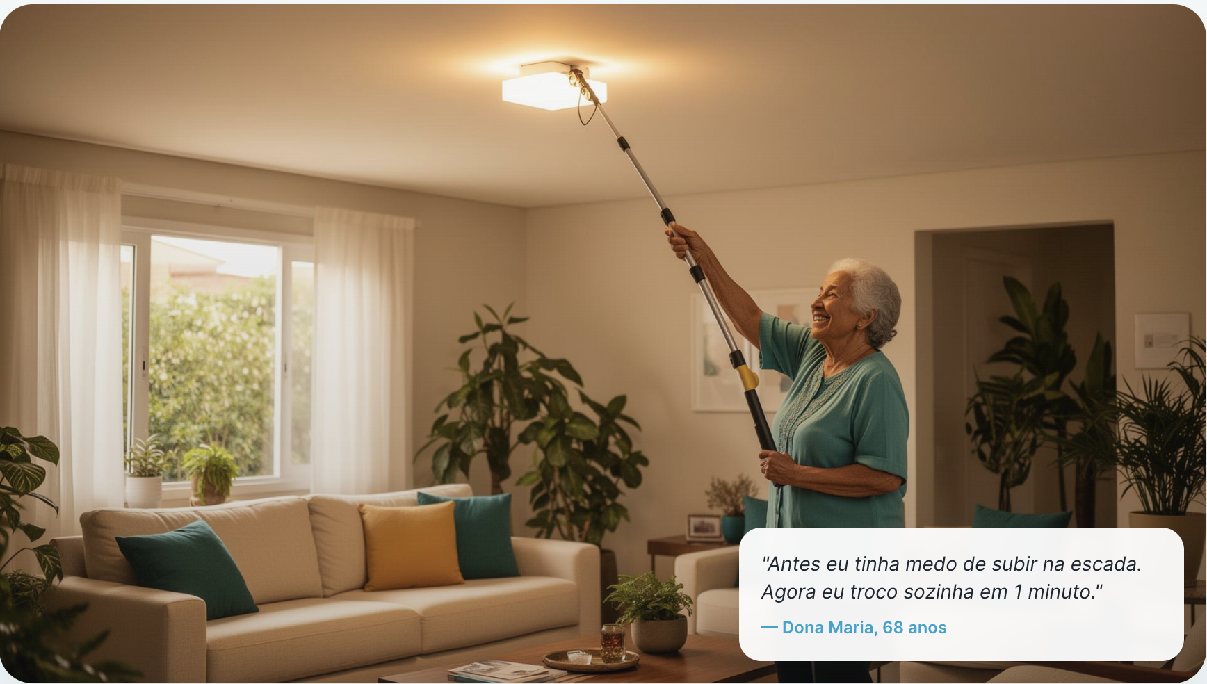 Idosa sorrindo enquanto troca uma luminária Maglumni com uma haste telescópica, sem usar escada.